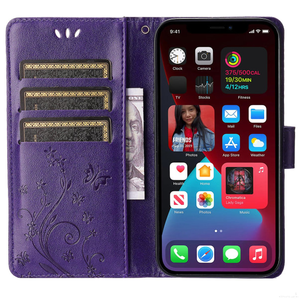 För Iphone 15 Plus Pu Läder Cover Phone case Imprinted Butterflies Shell Stand with rem Dark Purple