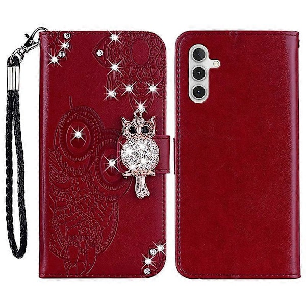 Til Samsung Galaxy S23 FE Cover Ugle Blomst Præget Rhinestone Læder Telefon Stand Cover Multicolor Style D