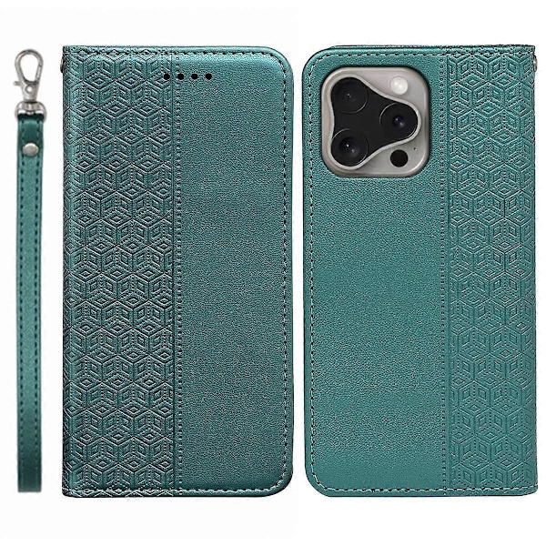 Plånboksfodral för iPhone 16 Pro Stark Magnetisk Rutmönstrad Präglad Läder Flip Cover Multicolor Green