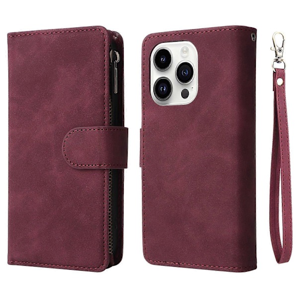 Lynlåspung PU læder stativ faldbestandigt cover til iPhone 15 Pro mobiltelefonetui Multicolor Wine Red