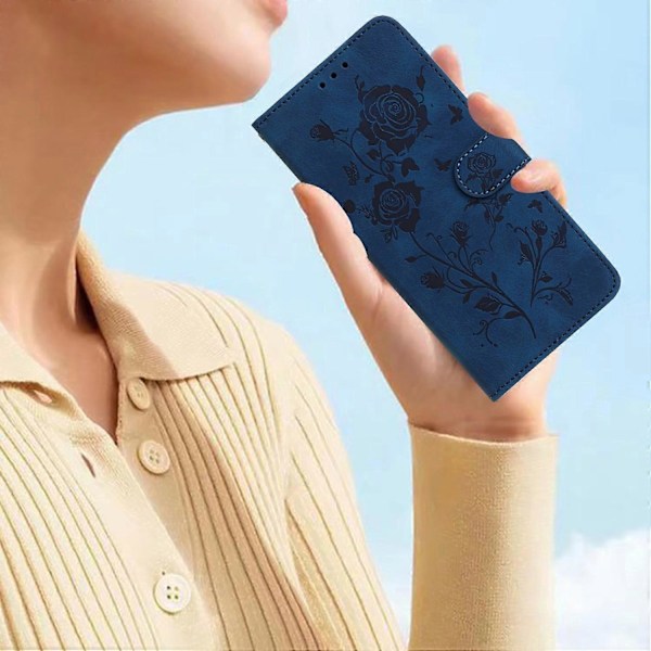 Til Samsung Galaxy S25/S24 Wallet Case Rose Mønster Præget Læder Flip Stand Telefon Cover Multicolor Dark Blue