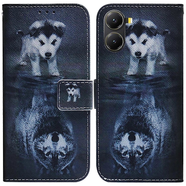 Lommebokdeksel med mønstertrykk i skinn til Xiaomi Poco X7 Pro 5G/ Redmi Turbo 4 5G Multicolor Dog and Wolf