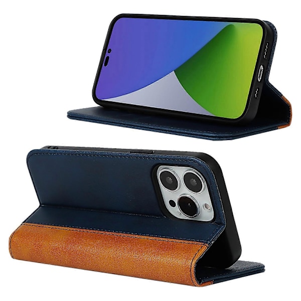 För iPhone 15 Pro Tvåfärgad Splitsad PU Läder Telefonfodral Stöd Stativ Plånboksfodral Multicolor Style D