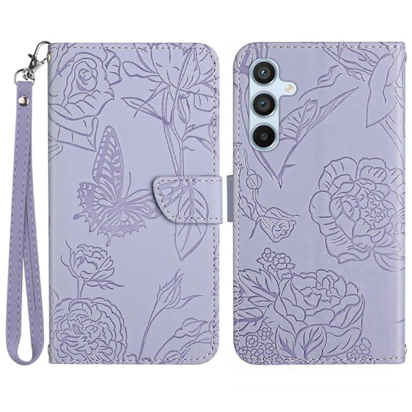 Til Samsung Galaxy A55 5G Butterfly Læder Etui med Håndledsrem Telefon Cover Multicolor Style C