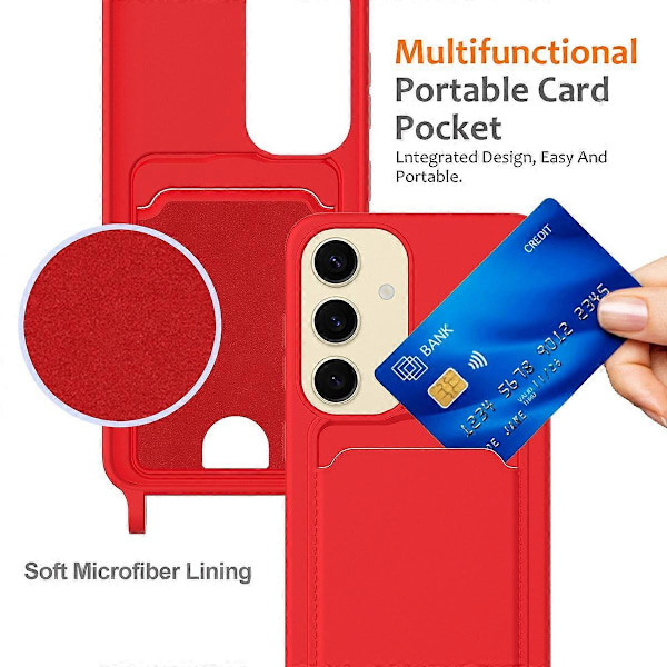 Til Samsung Galaxy S23 FE Cover Flydende Silikone Kortholder Telefon Bagcover med Lanyard - Grøn Multicolor Red
