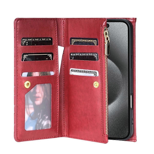 BKS-002 Plånboksfodral för iPhone 16 PU Läder Ställ Telefonskal med Axelrem - Svart Multicolor Red
