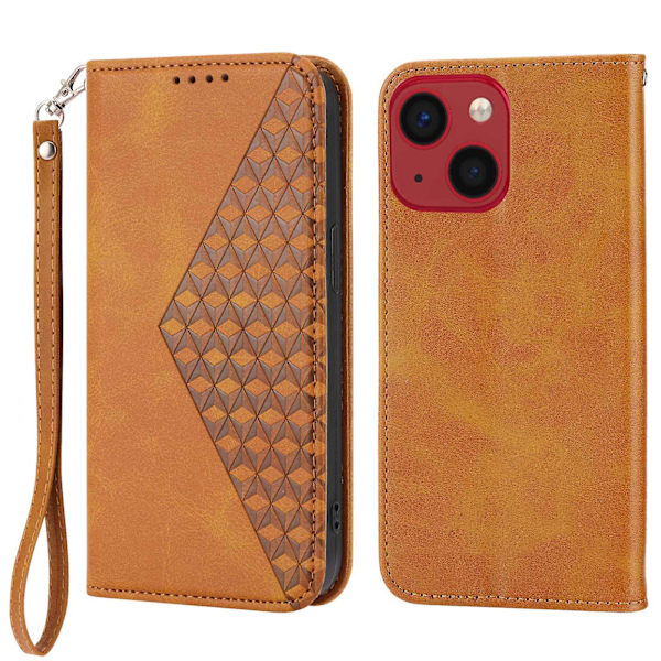 För Iphone 14 anti-scratch Kalv Texture Magnetisk Plånbok Pu Case Imprinted Rhombus Mönster Stand Cover med rem Yellow