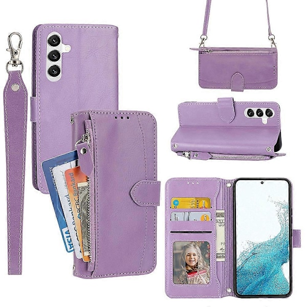Til Samsung Galaxy S23 FE Etui Lynlås Pung PU Læder Støtteben Mobiltelefon Cover med 2 Stropper Multicolor Style B
