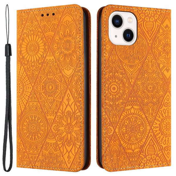 Wallet Case til iPhone 15 Plus Foldbart Stativ PU Læder Retro Blomsterpræget Telefoncover Yellow