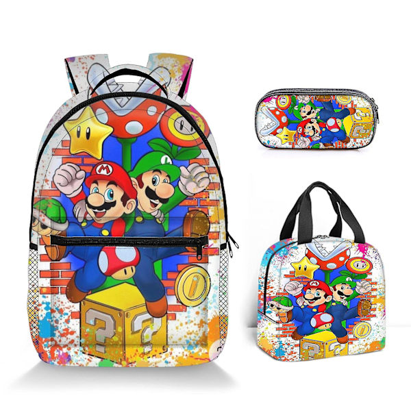 Super Mario -painettu reppu opiskelijalle, polyesteri, sarjakuva, lasten reppu, kolmiosainen setti Style 7