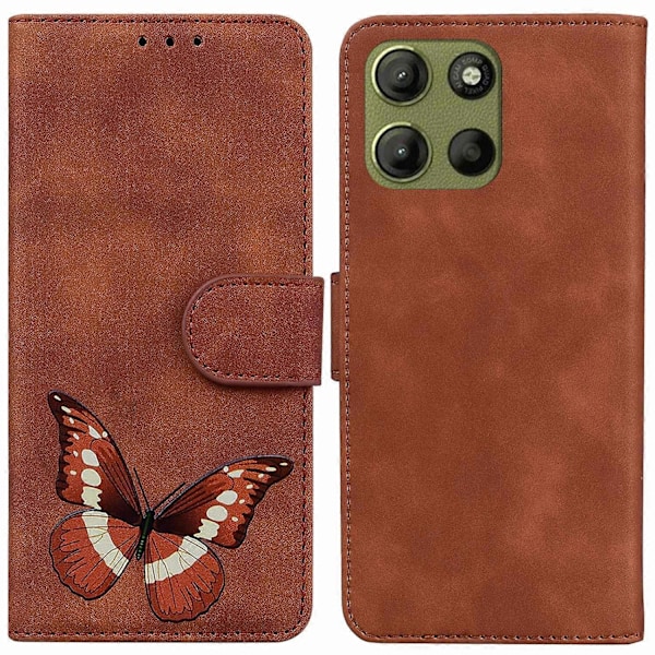 Til Motorola Moto G15 4G Stand Case PU Læder Telefon Cover Sommerfugl Printet Multicolor Brown