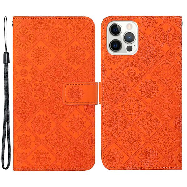 Læder Wallet Case til iPhone 15 Pro, Præget Blomster Folio Flip Stand Telefon Cover Orange
