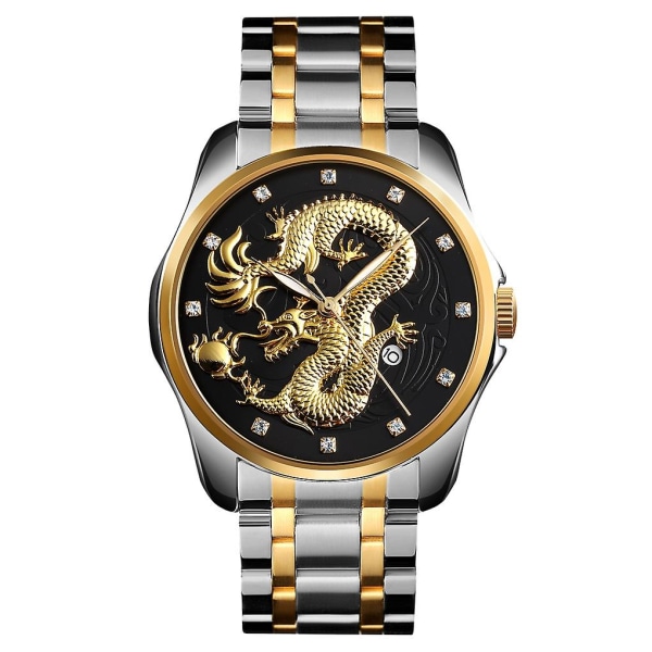 Skmei 9193 Men Golden Dragon Pattern Dial Quartz Watch Silver Black