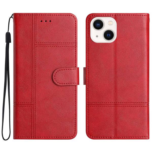 Læder Wallet Case til iPhone 15, Linje Præget Ko Læder Tekstur Stand Telefon Cover Red