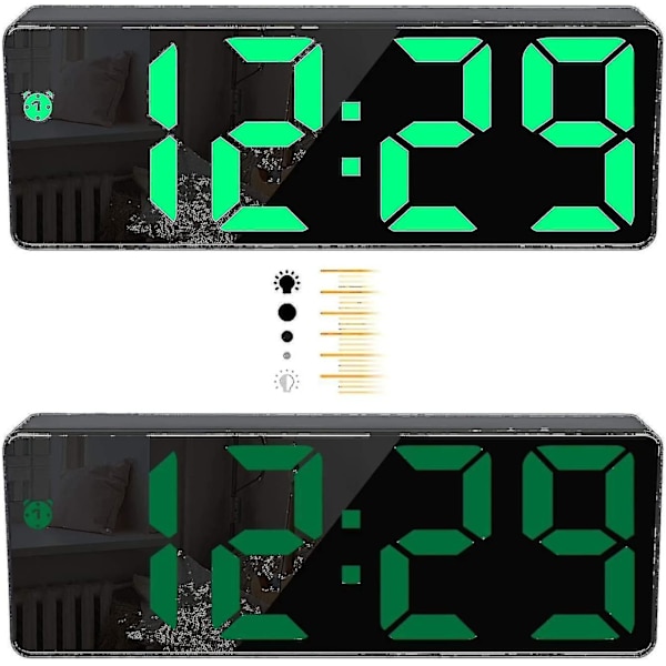 Digitalt Vækkeur, Stort LED Display, Spejl Overflade Ur Med Snooze Funktion Og Justerbar Lysstyrke USB Opladningsforbindelse Vækkeur