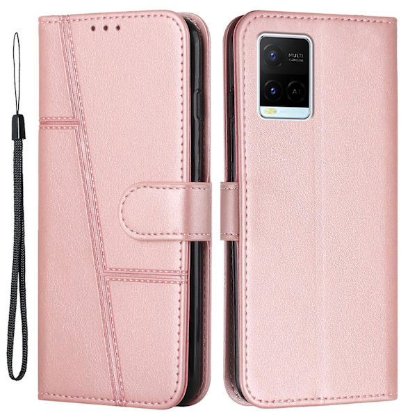 For Vivo Y33s / Y21s / Y21 Sammenleggbart Stativ Sydd Pu-Lærveske Stativ Magnetisk Lukking Støtsikker Flip Folio Bokdeksel Med Stropp Rose Gold