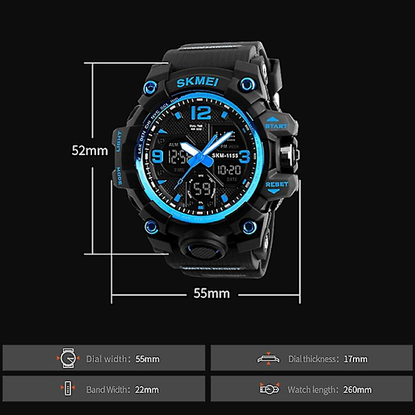 Skmei 1155b multifunktionell män utomhussport Noctilucent vattentät watch med stor urtavla Blue