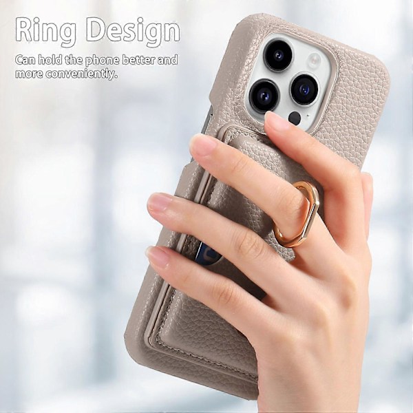 Y2 iPhone 16 Pro -kotelo, jossa sormuspidike, jalusta, korttipaikka ja nahkainen takakuori - Päivämäärä Aprikoosi Multicolor Khaki Grey