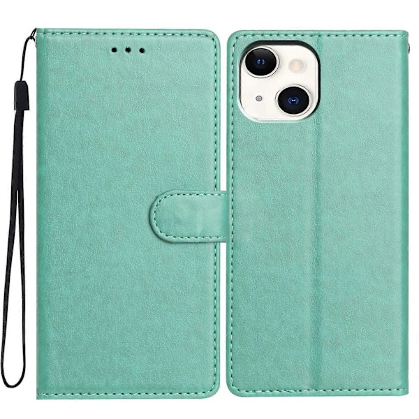 Læder Telefon Cover med Pung, Støttefod og Praktisk Rem til iPhone 14 - Multicolor Green