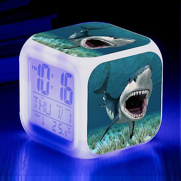 Shark Alarm Clock 7-färgad glödande digitala klockor Barn Baby Sovrum Multifunktion Små nattljus B Red