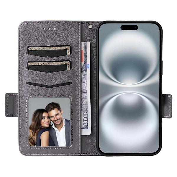 Læder Flip Telefon Cover med Litchi Tekstur til iPhone 16 Plus Multicolor Style C