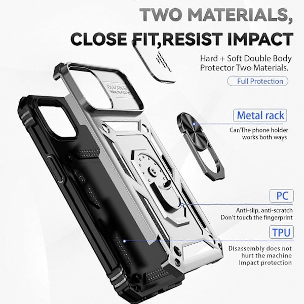 Skal med skjutbart kameraskydd för iPhone 15 Plus Fodral Metallring Ställ PC+TPU Skydd Multicolor Style F