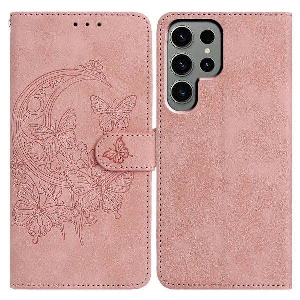 Til Samsung Galaxy S24 Ultra Case Sommerfugl Blomst Præget PU Læder Wallet Stand Telefon Cover Multicolor Rose Gold