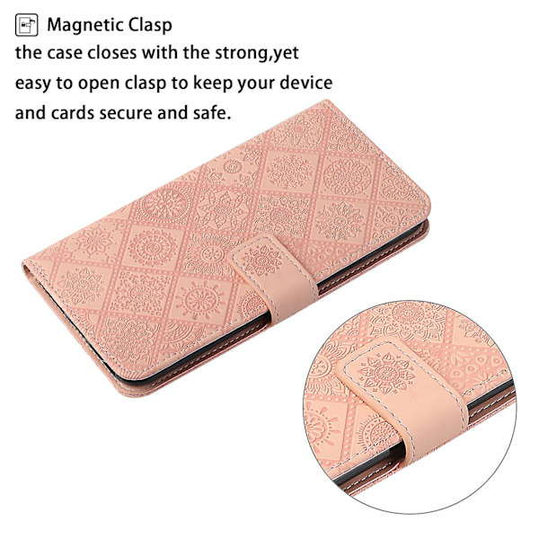 Læder Wallet Case til iPhone 15 Pro, Præget Blomster Folio Flip Stand Telefon Cover Pink