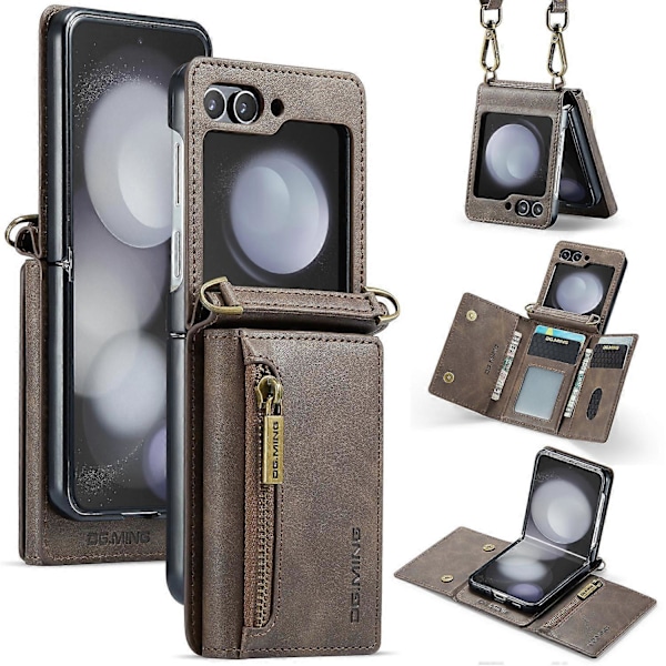 DG.MING M5 Serie til Samsung Galaxy Z Flip6 5G Etui RFID-blokering Kortpladser PU+PC Telefoncover Multicolor Coffee