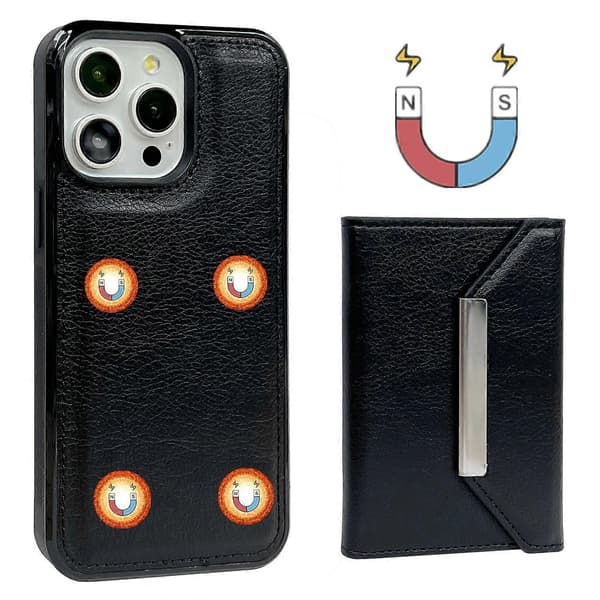 iPhone 16 Pro Max -kotelo korttitaskulla, jalustalla, TPU+PU-puhelinkuori - Harmaa Multicolor Black