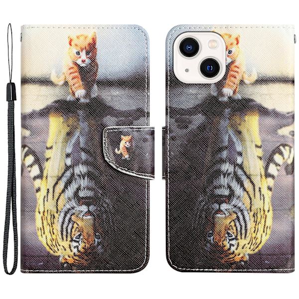 Til Iphone 15 Plus Folio Pu Læder Stand Wallet Case Mønster Print Telefon Cover Med Rem Tiger