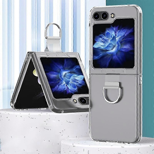For Samsung Galaxy Z Flip5 5G Hard PC Telefondeksel Transparent Telefon Cover med Metall Ringholder
