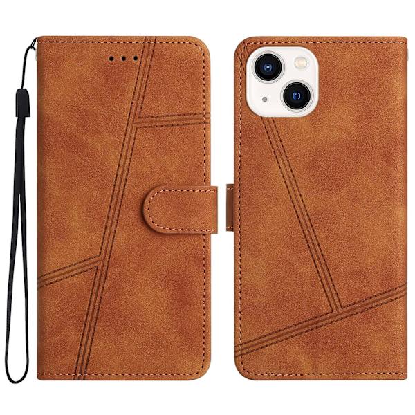 Til Iphone 15 Skin-touch Linjer Præget Telefon Cover Retro Wallet Pu Læder Cover Med Støttefod Brown