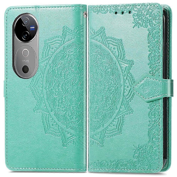 Til vivo V40 5G Etui Mandala Præget Design Læder Wallet Telefon Cover - Grå Multicolor Green