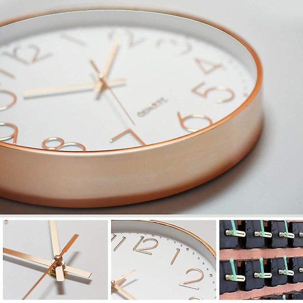 Tyst väggklocka 12 i köksklocka Quartz Batteridriven Rund Modern Home Decor Clock-o Black-rose Gold