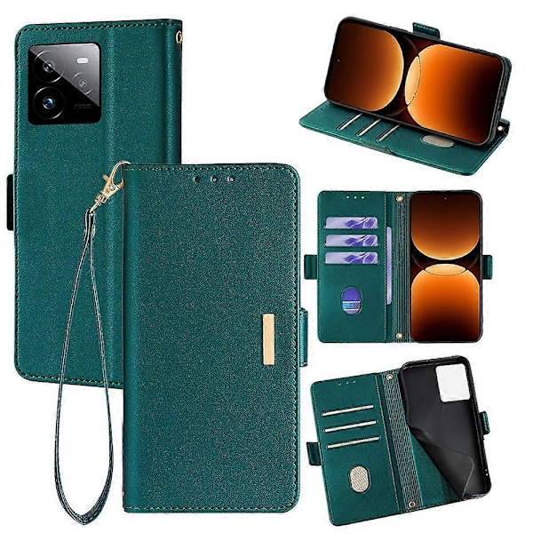 Læder Wallet Case med RFID-blokering og stativ til Realme GT 7 Pro 5G med håndrem - Multicolor Green
