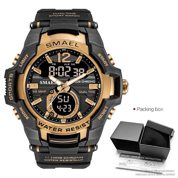 Smael Dual Time Army -urheilukello miehille, valoisa, vedenpitävä kvartsi digitaalinen rannekello herätyskellolla ja LED-taustavalolla sekä kalenterilla 1805 Black rose-Box