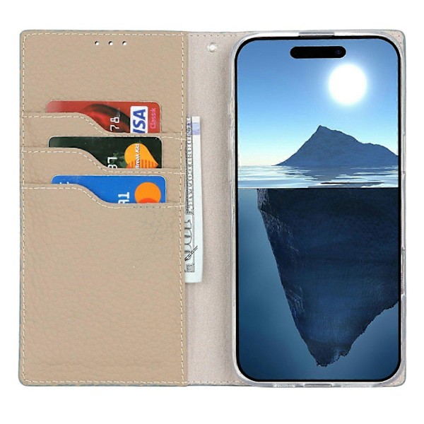 For iPhone 16 Plus Wallet Case Ægte Ko Læder Telefon Cover Litchi Tekstur Multicolor Style D