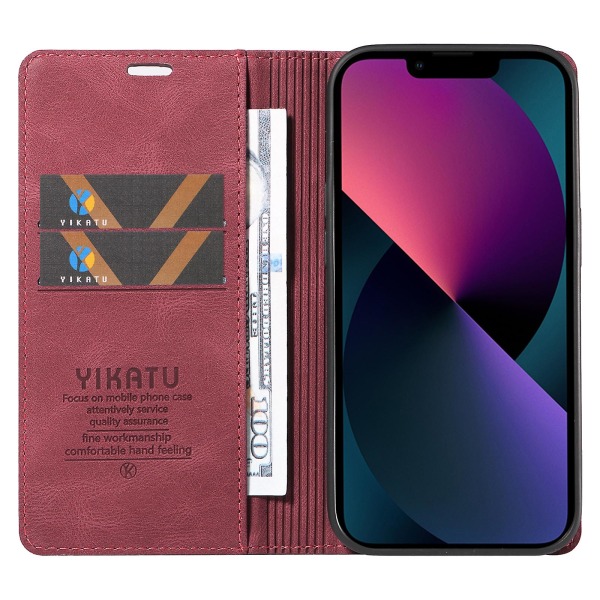 Hudvenlig Beskyttelsesetui til iPhone 15 Plus PU Læderpung Stand Telefoncover Wine Red
