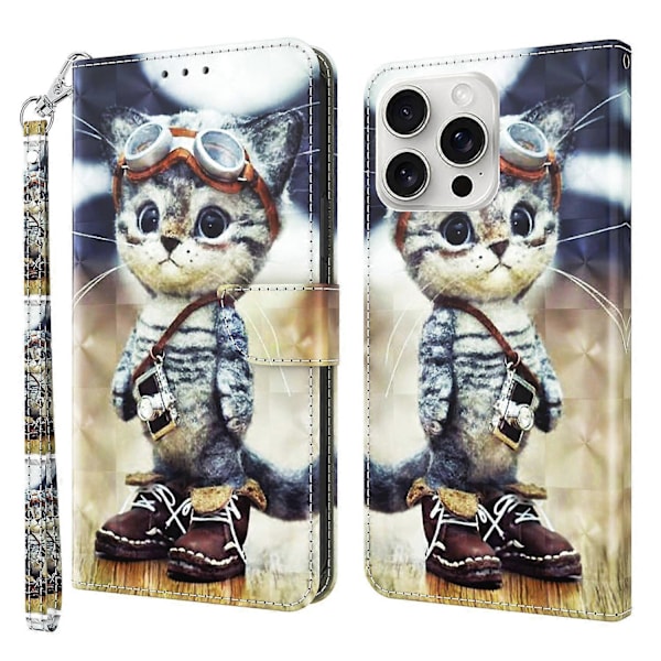 Til iPhone 16 Pro Etui Stativ Mønsterprint Læder Telefon Cover- Multicolor Standing Cat