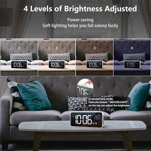 Digitalt Vækkeur med Stort LED Temperaturdisplay, Bærbart Spejlvækkeur Sort silver
