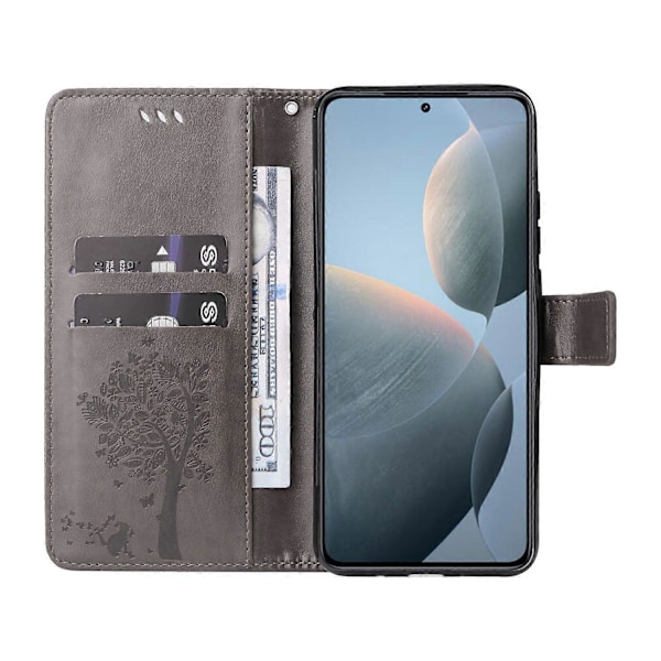 KT Imprinting Flower Series-3 til Xiaomi 14T Etui Katte Træ Mønster Flip Læder Telefon Cover Multicolor Style E
