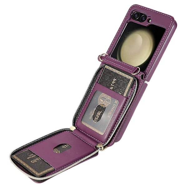 Til Samsung Galaxy Z Flip5 5G Etui Læder+PC Lynlås Telefon Cover med Håndledsrem Multicolor Style B
