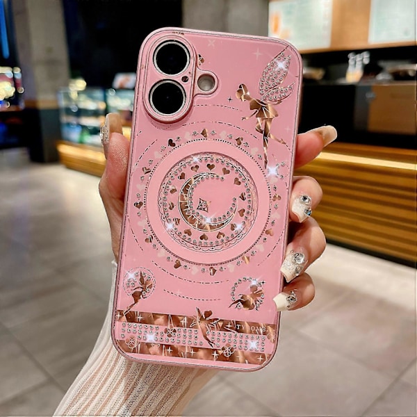 Magnetisk etui til iPhone 16 Plus med stjerne- og månemønster, rhinestensdekoration, TPU+PC-telefoncover Multicolor Style A