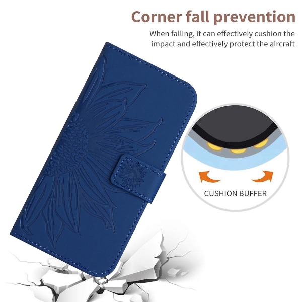 Til Samsung Galaxy A22 5g (EU Version) Ht04 Præget Solsikke Pu Læder Smartphone Cover Stativ Stødsikker Hud-venlig Telefon Wallet Etui Med Skulderrem Sapphire