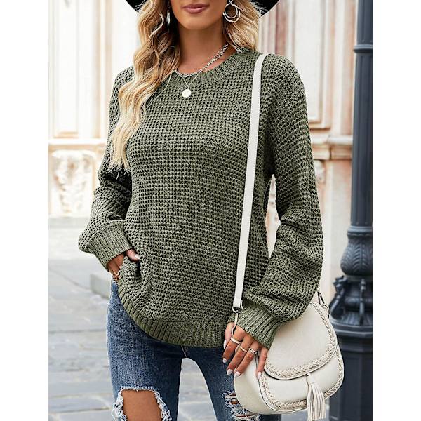 Dam 2023 Höst Casual Höst Våffelstickad tröja Lång ballongärmad lös tröja Army Green X-Large
