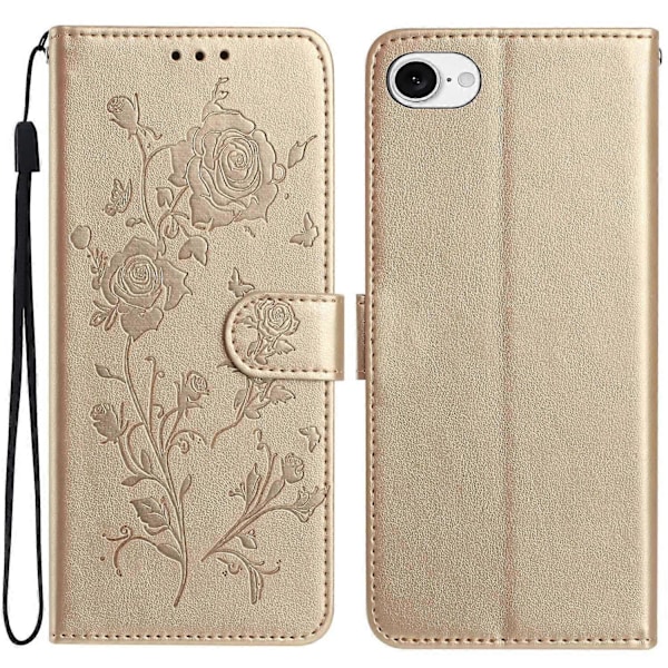 For iPhone 16e Wallet Case Rose Mønster Præget Læder Flip Stand Telefon Cover Multicolor Gold