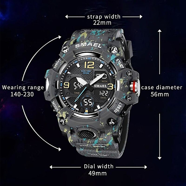 Smael Ur Sport Militærure Vandtæt 50m Stopur LED Lys Ugedagsdisplay Armbåndsure 8008 Quartz Ure Mænd Digital CAMOBLUE