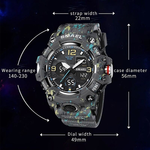 Smael Watch Sport Militär Klockor Vattentät 50m Stoppur Led Light Week Display Armbandsur 8008 Quartz Watches Herr Digital BLACK