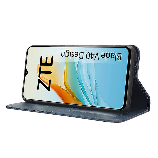 För Zte Blade V40 Design Pu Läderställ Phone Case Retro Cover Blue